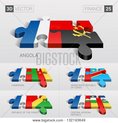 France and Angola, Cameroon, Democratic Republic of Congo, Republic of the Congo, Central African Republic Flag. 3d vector puzzle. Set 25.
