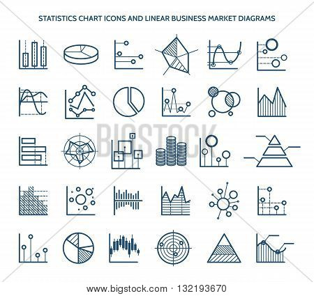 Statistics chart icons and linear business market diagrams. Bar and pie, area and pyramid. Vector illustration