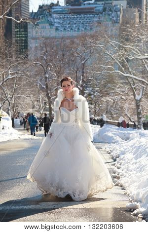 Bride In The Winter Against The Backdrop Of New York