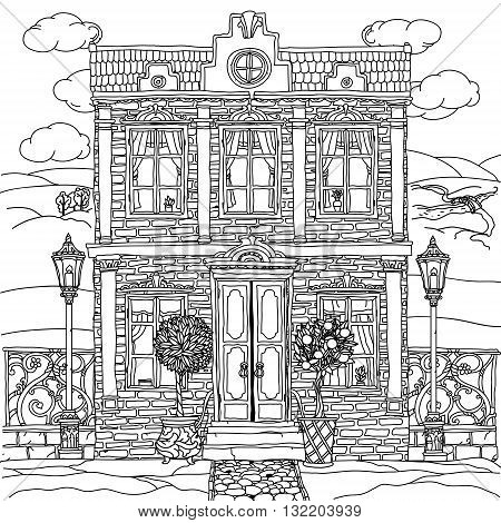 Black and white illustration of a house with details for adult coloring book or for zen art therapy anti stress drawing. Hand-drawn, vector, very detailed, for coloring book, poster design, uncolored