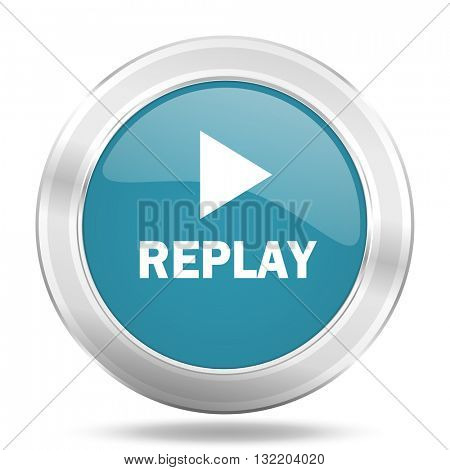 replay icon, blue round metallic glossy button, web and mobile app design illustration
