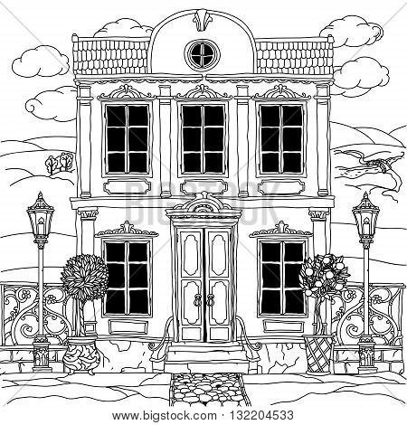 Black and white illustration of a house with details for adult coloring book or for zen art therapy anti stress drawing. Hand-drawn, vector, very detailed, for coloring book, poster design, uncolored