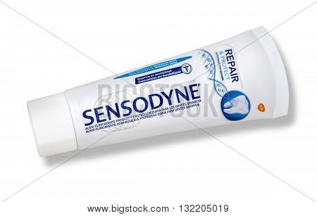Mallorca Spain-April 222016: Sensodyne repair and protect toothpaste on whiteSensodyne is a product by GlaxoSmithKline