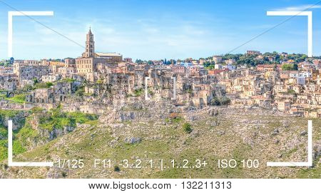 photography focus finder camera view panoramic view of sassi di Materabasilicata Italy. UNESCO European Capital of Culture 2019 under blue sky