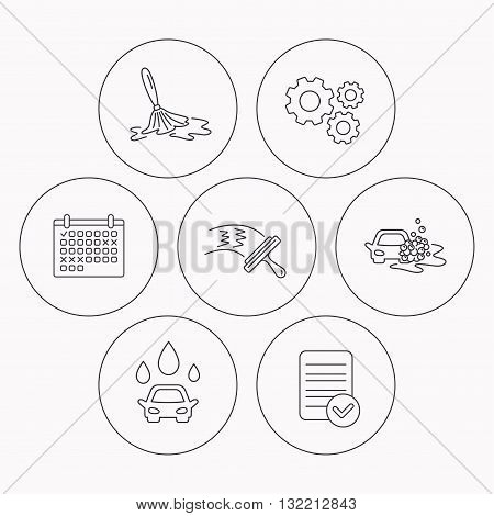 Car wash icons. Automatic cleaning station linear signs. Washing windows, wet cleaning and foam bucket flat line icons. Check file, calendar and cogwheel icons. Vector