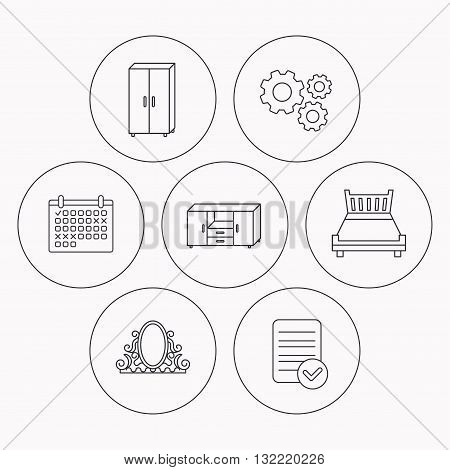 Double bed, vintage mirror and cupboard icons. Chest of drawers linear sign. Check file, calendar and cogwheel icons. Vector