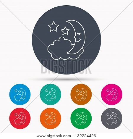 Night or sleep icon. Moon and stars sign. Crescent astronomy symbol. Icons in colour circle buttons. Vector