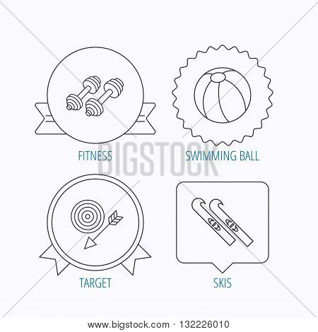Sport fitness, swimming ball and skis icons. Target with arrow linear sign. Award medal, star label and speech bubble designs. Vector