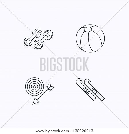 Sport fitness, swimming ball and skis icons. Target with arrow linear sign. Flat linear icons on white background. Vector