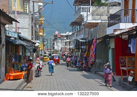 SANTIAGO DE ATITLAN GUATEMALA APRIL 29 2016: Street scene Santiago Atitlan is a municipality in the Solola department of Guatemala. The town is situated on Lago de Atitlan