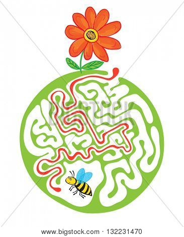 Maze puzzle for kids with bee and flower. Labyrinth illustration, solution included.