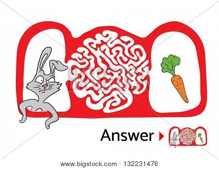 Maze puzzle for kids with rabbit and carrot. Labyrinth illustration, solution included.
