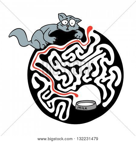 Maze puzzle for kids with cat and milk. Labyrinth illustration, solution included.