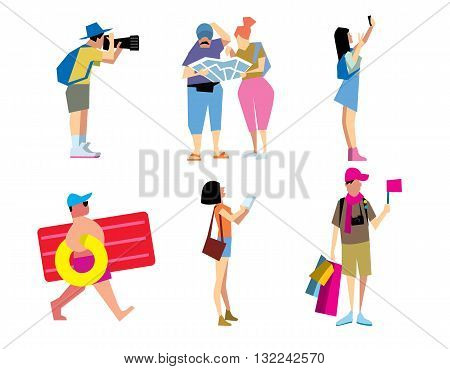 Travelling people. Funny tourist. Couple of journey. Trip and vacation man and woman. Summer time.