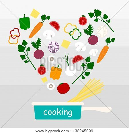 cooking spaghett pastai with many fresh vegetables