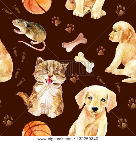 Kitten puppy and mouse seamless pattern. Cute cat dog and mouse with their footprints and toys. Hand painted watercolor illustration.