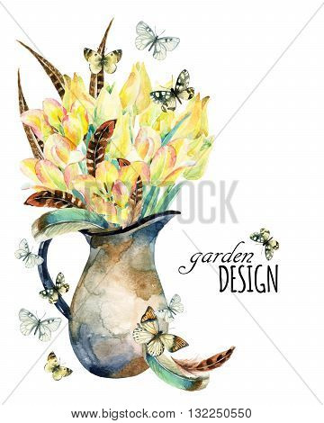 Watercolor floral garden card with tulips feathers butterfly and rustic jug. Spring flowers in vintage jar on white background. Floral illustration for greetings invitations wedding card design