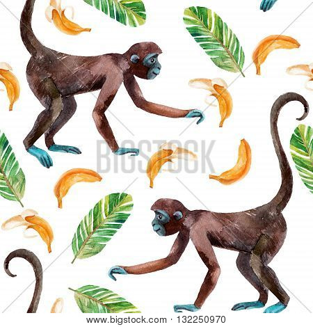Monkey and banana seamless pattern. A cute monkey and exotic fruits. Watercolor hand painted illustration