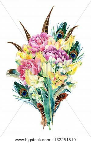 Watercolor flowers bouquet. Watercolor floral garden card with tulip daffodil peony and feathers. Flowers isolated on white background. Floral illustration for greetings invitations wedding design