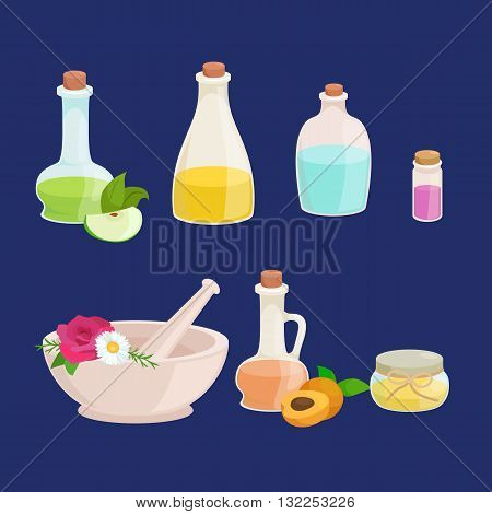 Bottles with organic essential aroma oil and soap bar set vector illustration