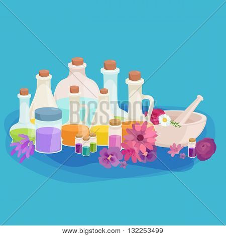 Bottles with organic essential aroma oil and soap bar set vector illustration
