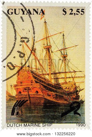 MOSCOW RUSSIA - APRIL 29 2016: A stamp printed in Guyana shows ancient Dutch sailing marine ship series 