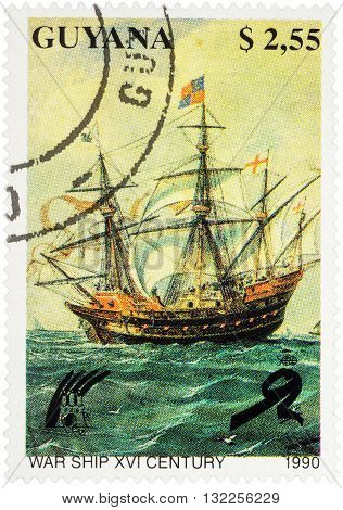MOSCOW RUSSIA - APRIL 29 2016: A stamp printed in Guyana shows ancient sailing war ship (16th Century) series 