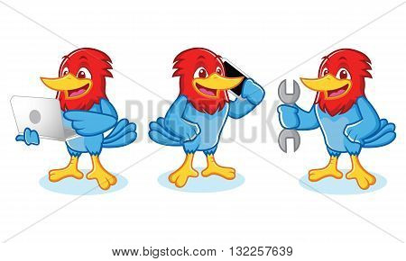 Woodpecker Mascot wit laptop phone and toools