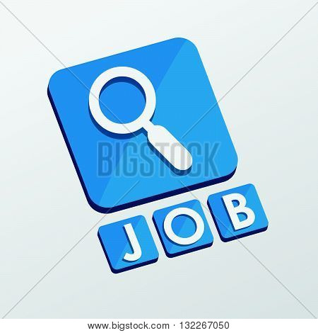 job and search sign - white text with symbol in blue flat design blocks, job seeking concept, vector