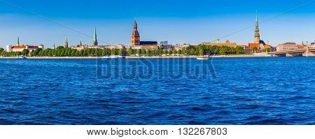Panoramic View On The Embankment Of The Daugava River: Riga Castle, Riga Cathedral, Saint Peters Chu
