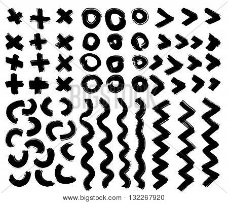 Set of grunge vector textured black ink brush strokes, modern grunge elements, brushed figures, circle, cross, wave, chevron