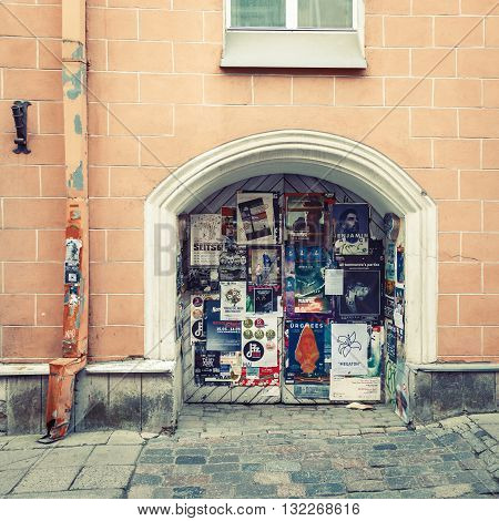 Tallinn Estonia - May 29 2016: Wall theater posters in Historical Centre of Tallinn city. Tallin Estonia.