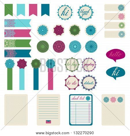 Set of different stickers with the mandala. Stickers for organized planner. Template for planner scrapbooking wrapping wedding invitation notebooks diary.