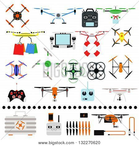 Set of aerial drone quadrocopters icons and emblems isolated on white. Vector illustration drone helicopter toy packing design. Flight controlled security quadrocopters drone helicopter toy.