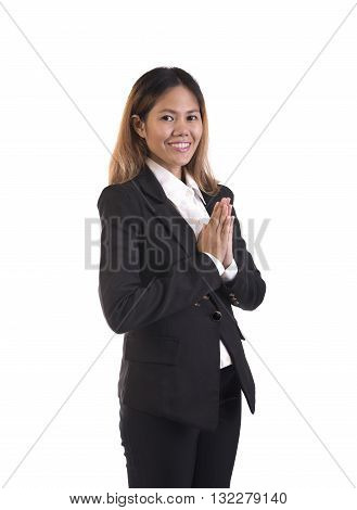 Thai woman business with welcome expression sawasdee isolated on white background