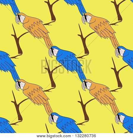 Big Orange and Blue Parrot Isolated on Yelllow Background. Bird Pattern