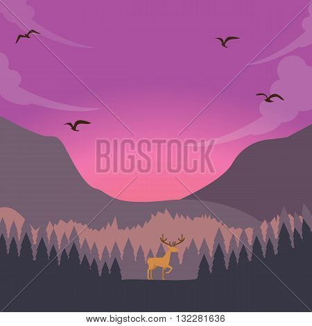 nature scene deer on sunset sunrise in forest majestic sky vector