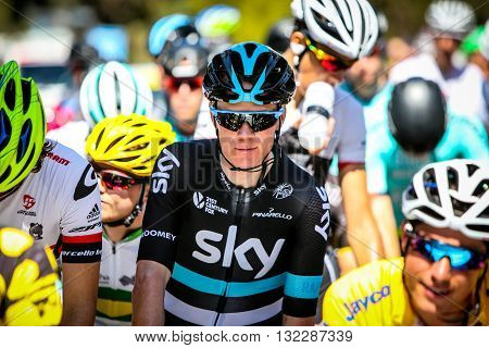 MELBOURNE, AUSTRALIA - FEBRUARY 7: Chris Froome of Team Sky before the start of Stage 4 on the final day of the Jayco Herald Sun Tour 2016