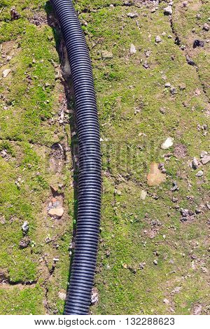 A flexible plastic tube (corrugated tube) lying on the ground covered in green moss.