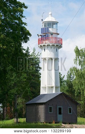 MERSRAGS, LATVIA - JULY 30, 2015: Exterior of the old lighthouse in Mersrags, Latvia.