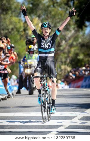 MELBOURNE, AUSTRALIA - FEBRUARY 7: Chris Froome of Team Sky wins Stage 4 and the yellow jersey in the Jayco Herald Sun Tour 2016