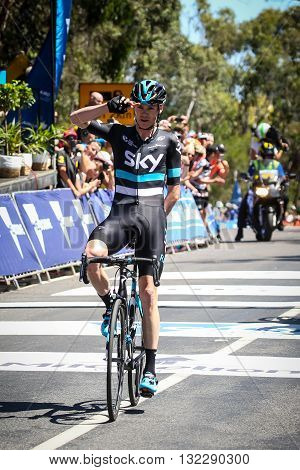 MELBOURNE, AUSTRALIA - FEBRUARY 7: Chris Froome of Team Sky salutes the crowd and wins Stage 4 and the yellow jersey in the Jayco Herald Sun Tour 2016