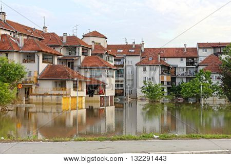 Flooded Houses and Street Under Water in Obrenovac Serbia