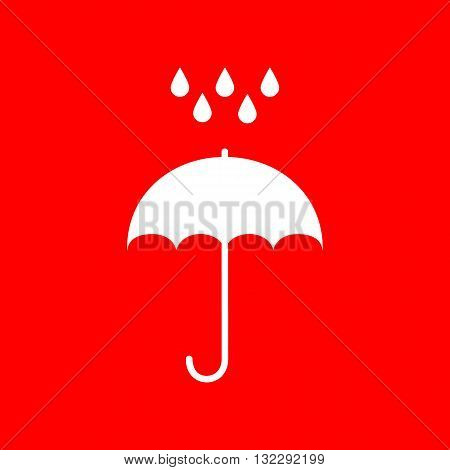 Umbrella with water drops. Rain protection symbol. Flat design style. White icon on red background.
