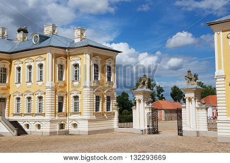 PILSRUNDALE, LATVIA - JULY 27, 2015: Exterior of the entrance gate to Rundale palace in Pilsrundale, Latvia.