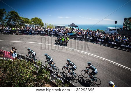 MELBOURNE, AUSTRALIA - FEBRUARY 7: Team Sky lead out front at Rapha corner up the Arthurs Seat climb on Stage 4 on the final day of the Jayco Herald Sun Tour 2016