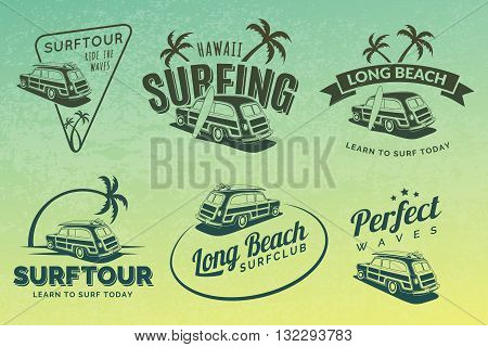 Set of vintage surfing car labels badges and emblems. Old school car with surfboard. Vector logo.
