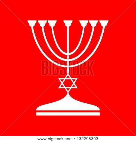 Jewish Menorah candlestick in black silhouette. White icon on red background.