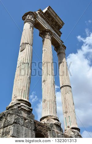 Ruins of the ancient Temple of Castor and Pollux (Dioskouri) in Roman Forum in the center of Rome