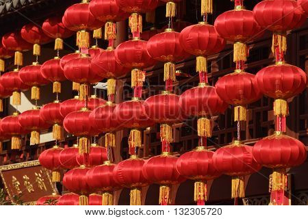 Rows of Red Lanterns strung up for Chinese New Year's Celebration